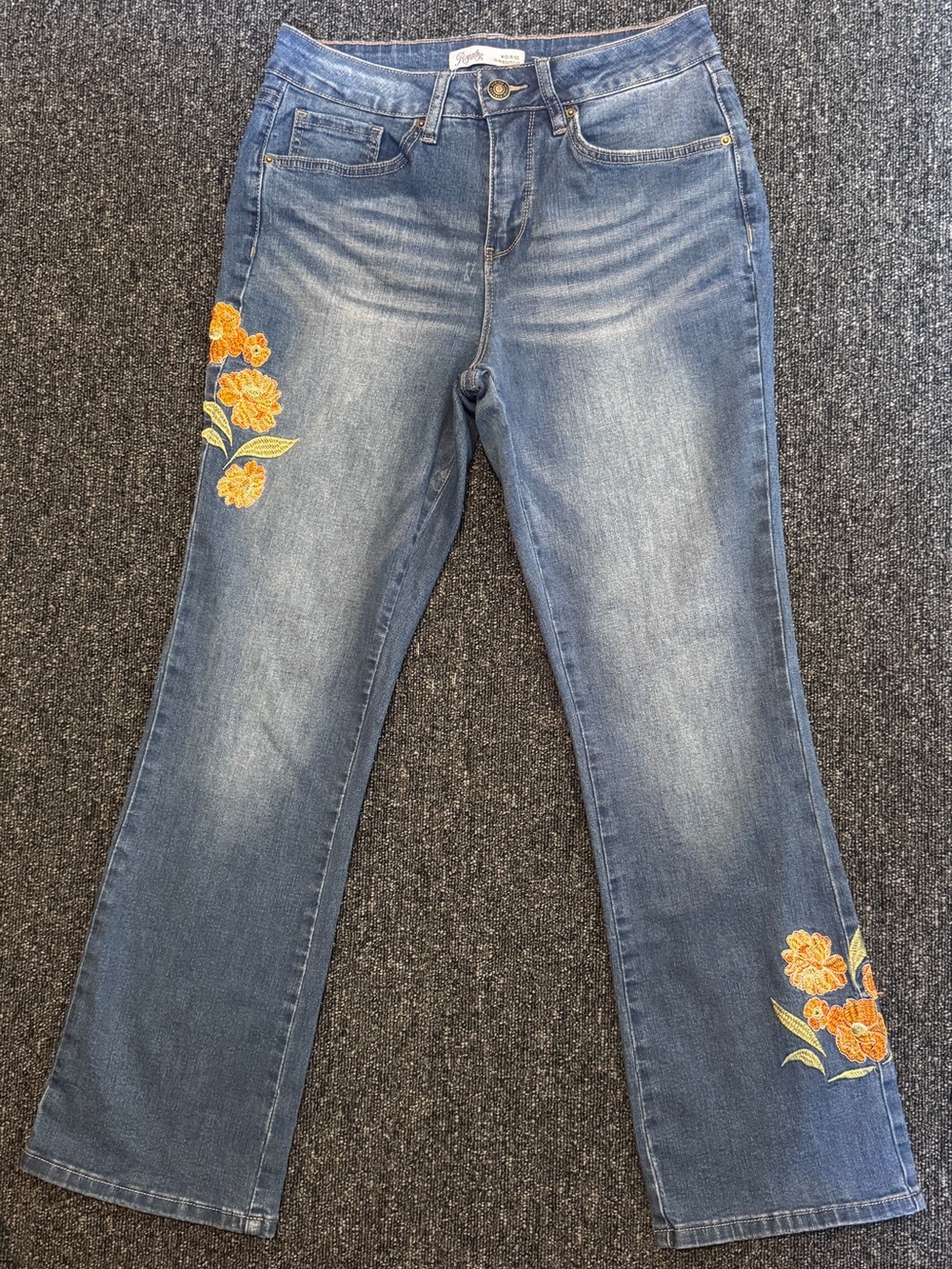 Royalty For Me Embroidered Floral Slim Bootcut Jeans Mid Rise Boho Blue Denim 6